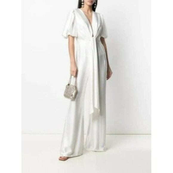 Galvan London Eden Deep V Wide Leg White Satin Bridal Jumpsuit Puff Sleeve Bride - Picture 4 of 16